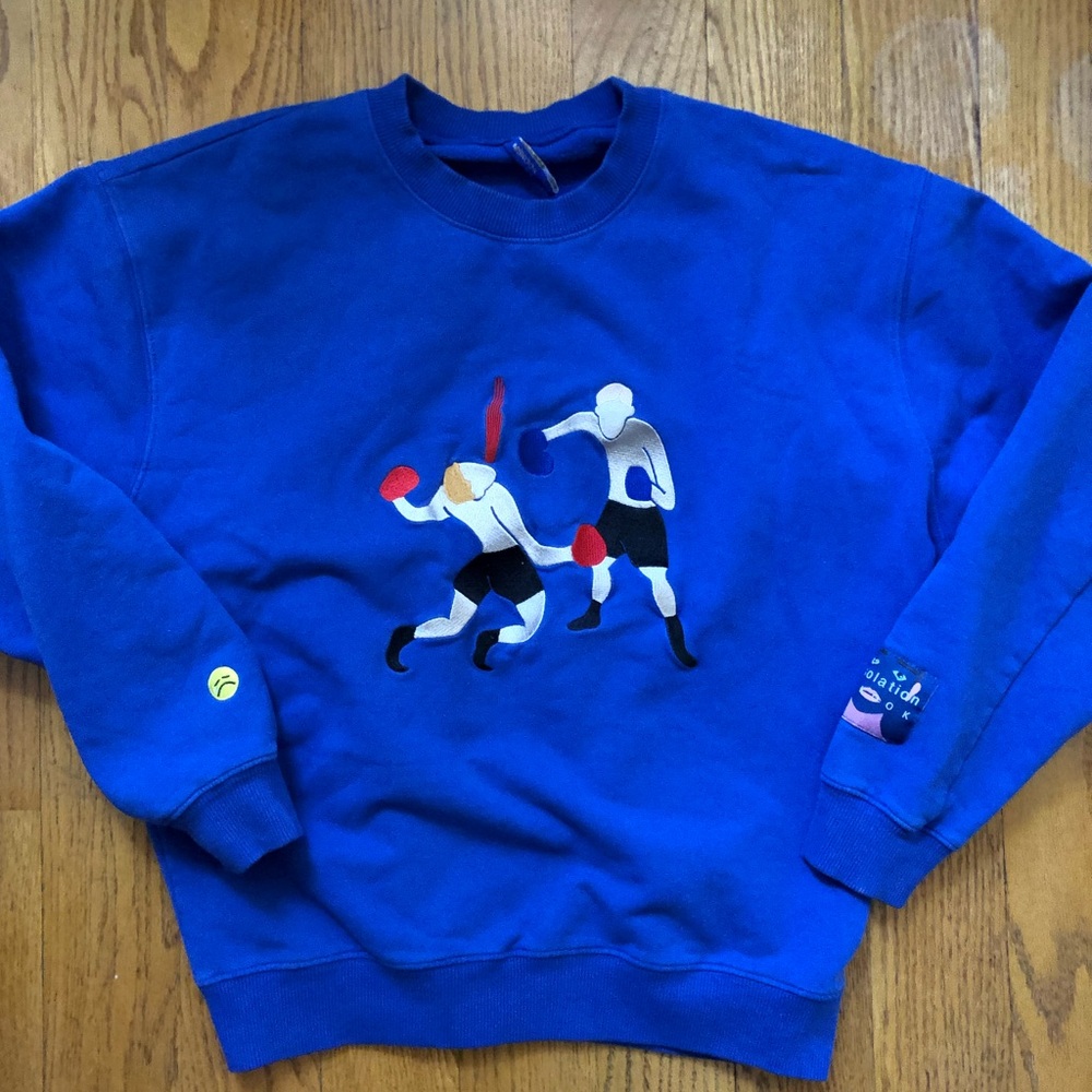 cobalt blue crewneck sweatshirt, boxing match embroidery mskook sweatshirt